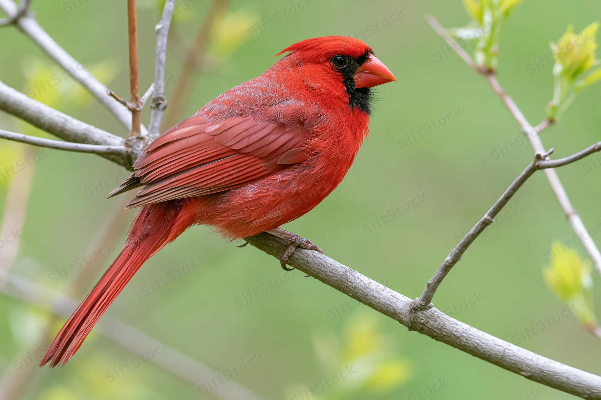 Male northern cardinal perched alertly on a tree branch in spring foliage