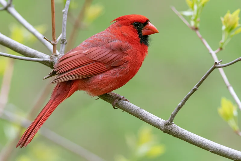 Male northern cardinal perched alertly on a smooth grey tree