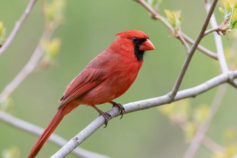 Male northern cardinal perched alertly on a tree branch in spring foliage
