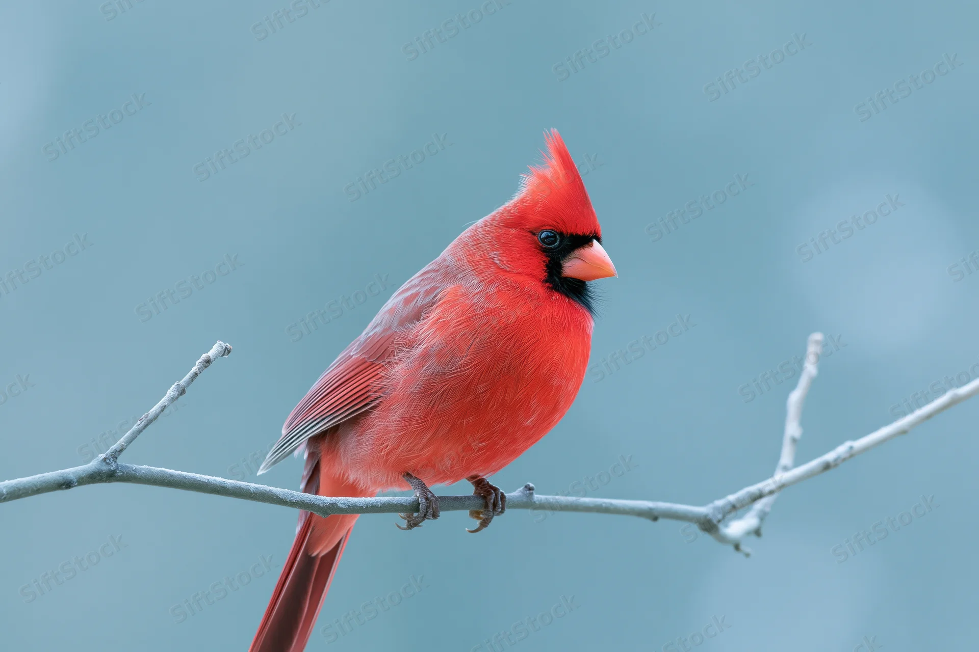 Male northern cardinal perched still on a bare winter branch