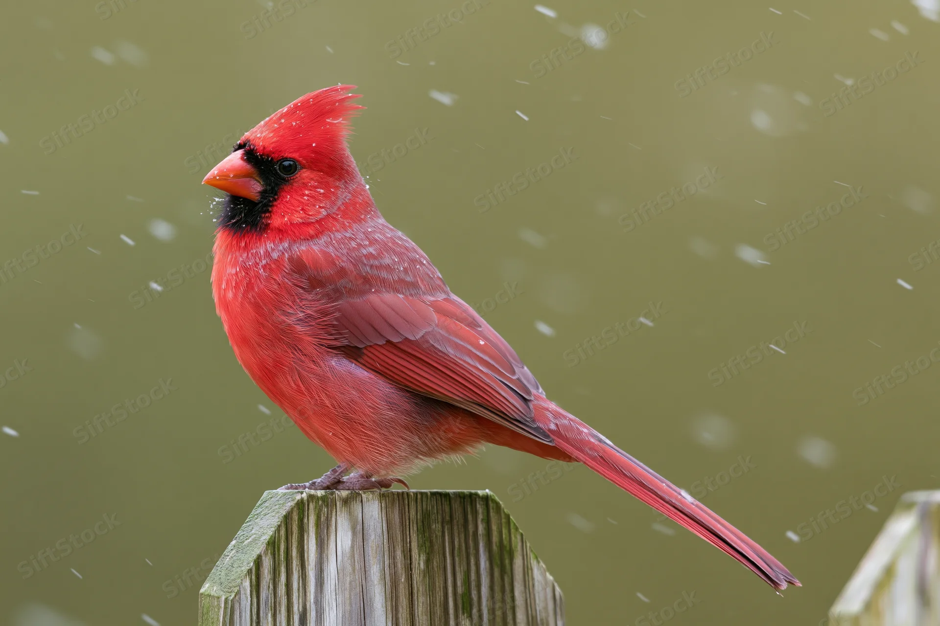 Male northern cardinal perched upright on a weathered wooden post in falling snow