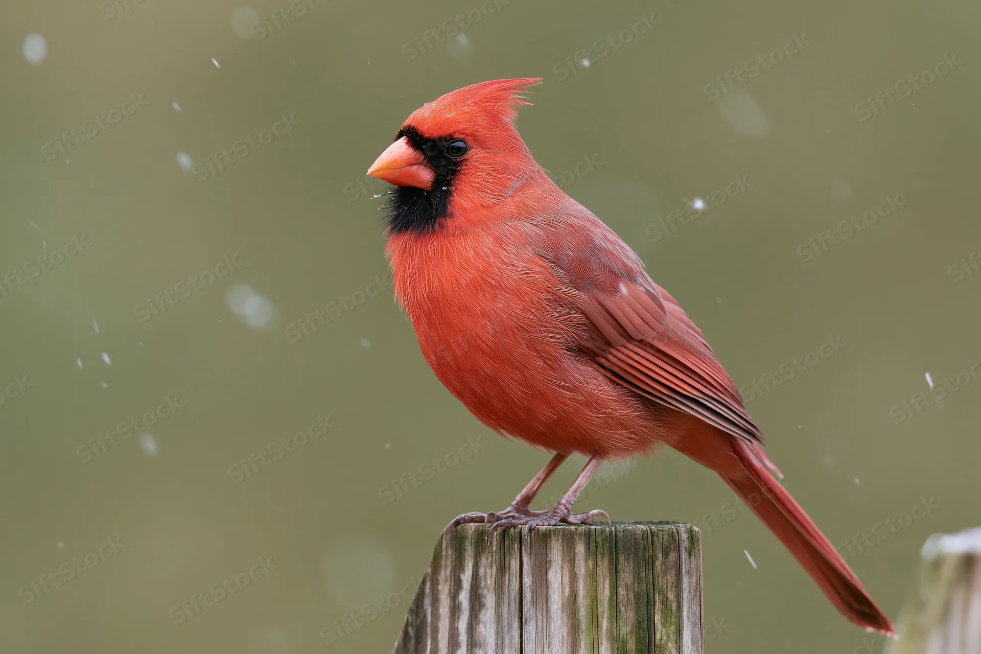 Male northern cardinal perched upright on a weathered wooden post in falling snow