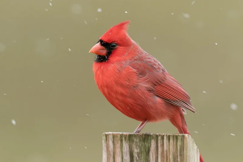 Male northern cardinal perched upright on a weathered wooden post in falling snow