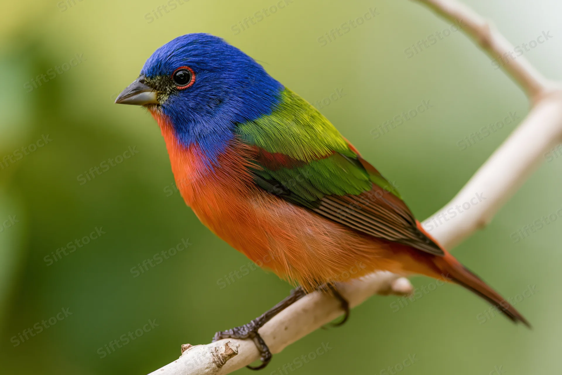 Male painted bunting perched on a pale bare branch facing left