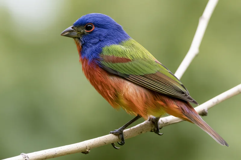 Male painted bunting perched on a pale bare branch facing left in natural habitat