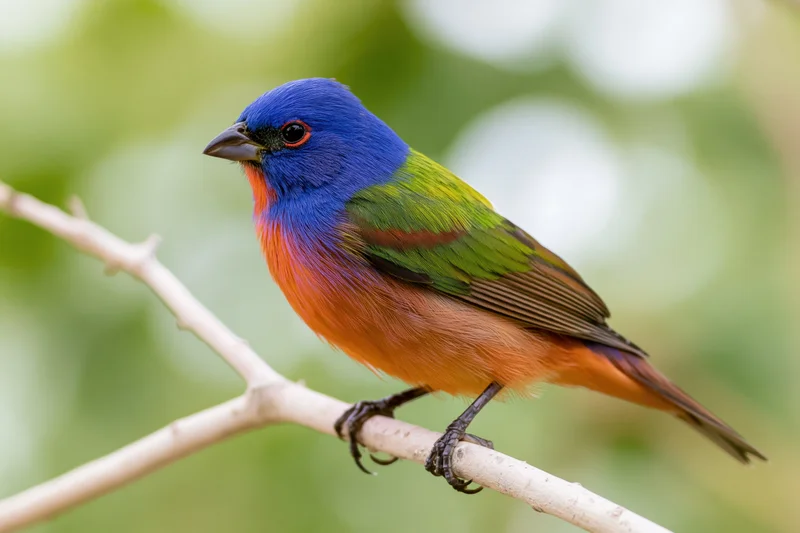 Male painted bunting perched on a bare pale branch facing left