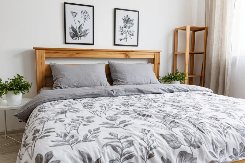 Double bed with wooden headboard and gray floral bedding in minimalist scandinavian bedroom