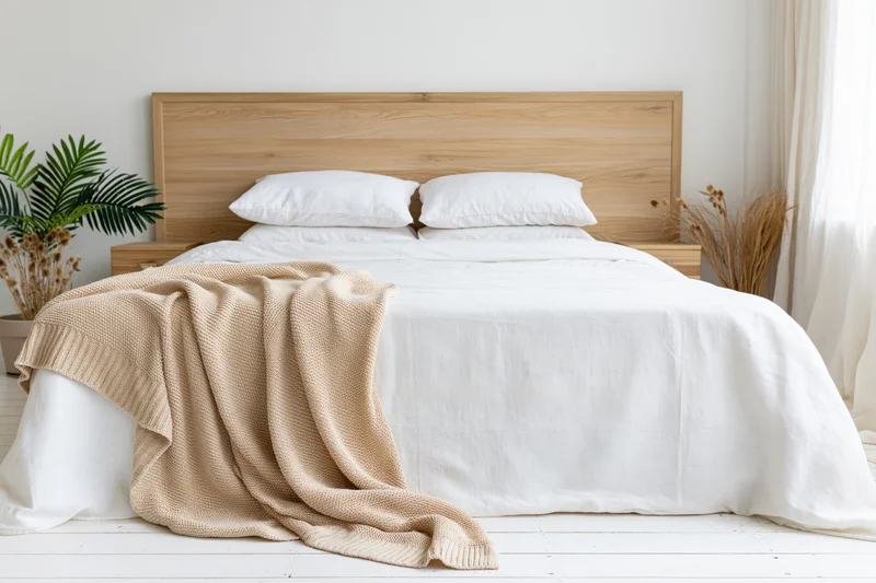 Queen bed with white bedding and wooden headboard in minimalist scandinavian bedroom