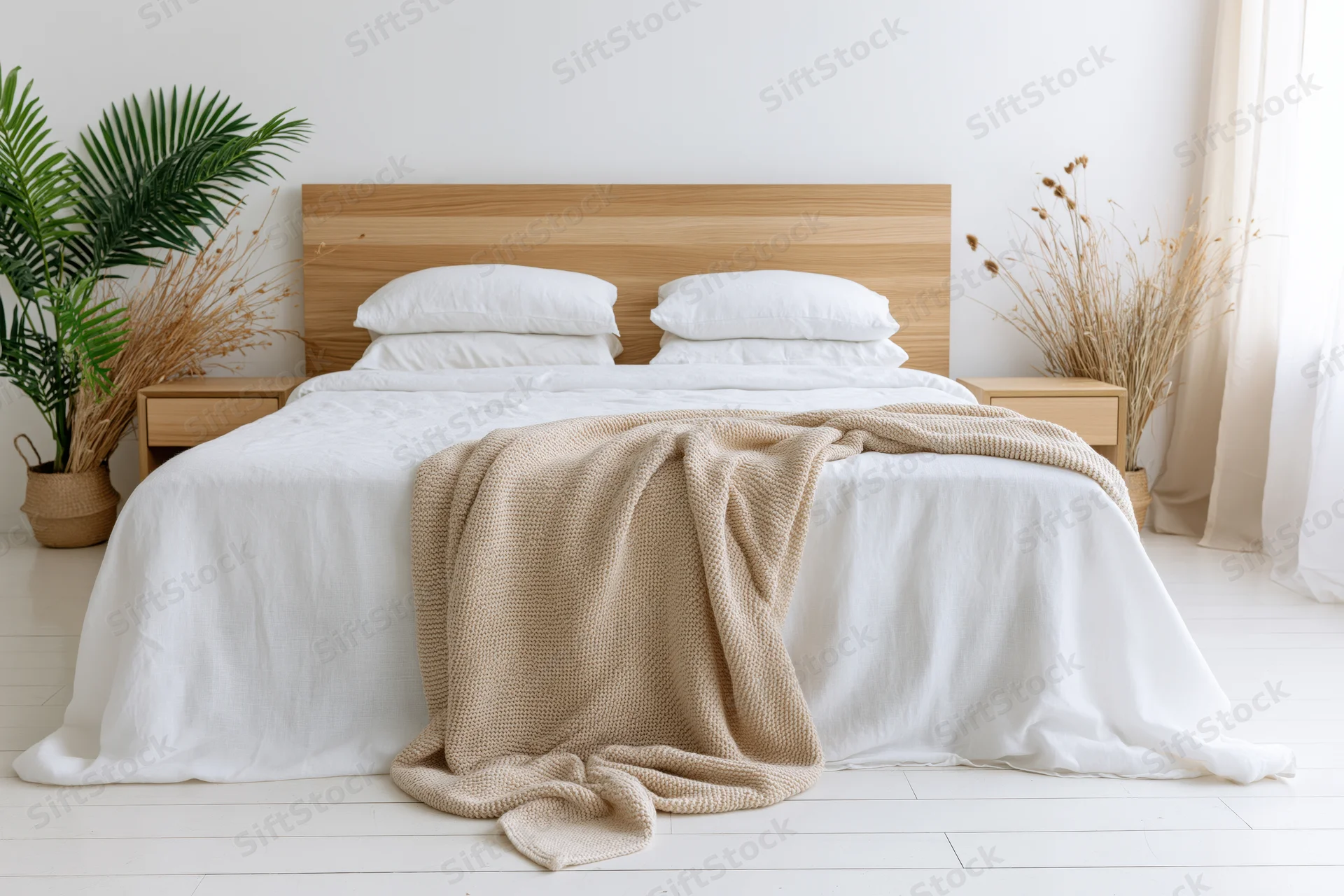 Queen bed with white bedding and wooden headboard in minimalist scandinavian bedroom