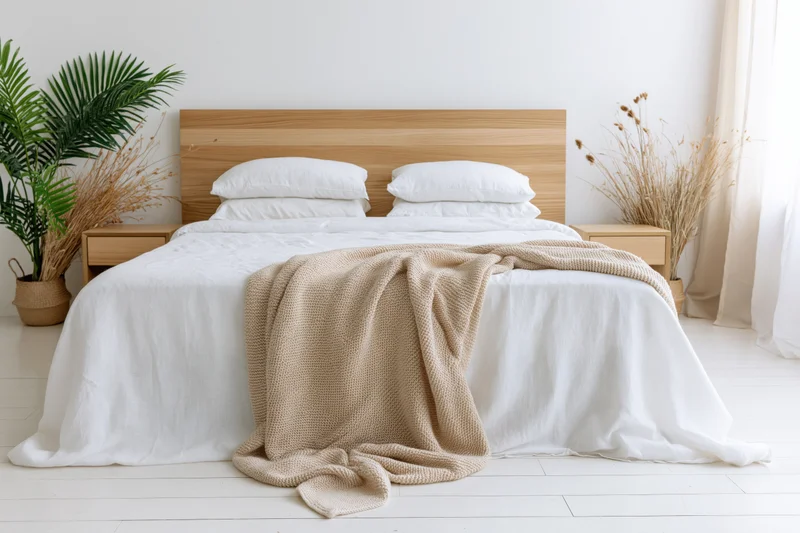 Queen bed with white bedding and wooden headboard in minimalist scandinavian bedroom