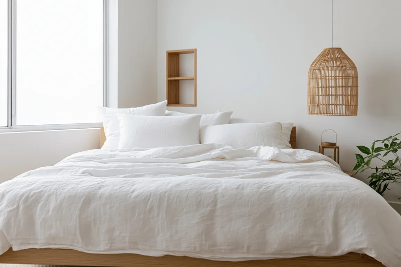Minimalist scandinavian bedroom with white linen bedding and wooden furniture near a window