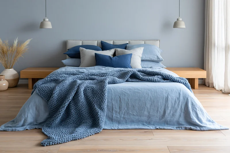 Queen bed with blue bedding and wooden furniture in a minimalist scandinavian bedroom
