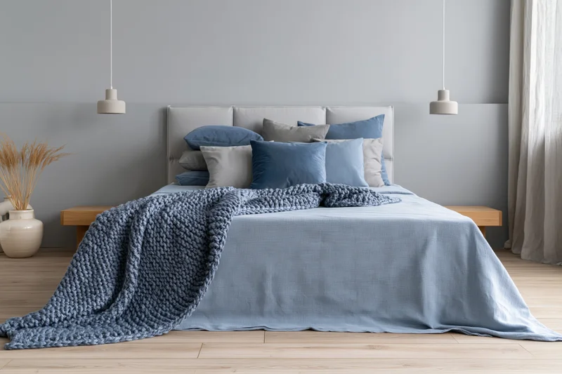 Queen bed with blue bedding and knitted blanket in minimalist scandinavian bedroom