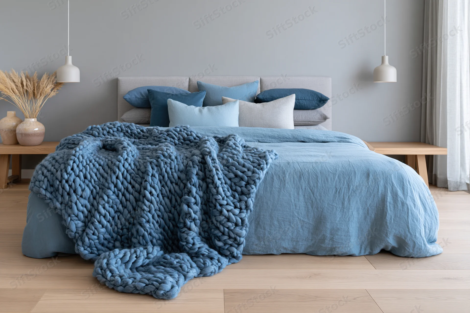 Queen bed with blue knit blanket and pillows in minimalist scandinavian bedroom