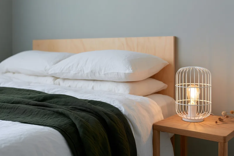 Minimalist bedroom corner with neatly made bed and white pillows beside wooden nightstand with wire cage lamp