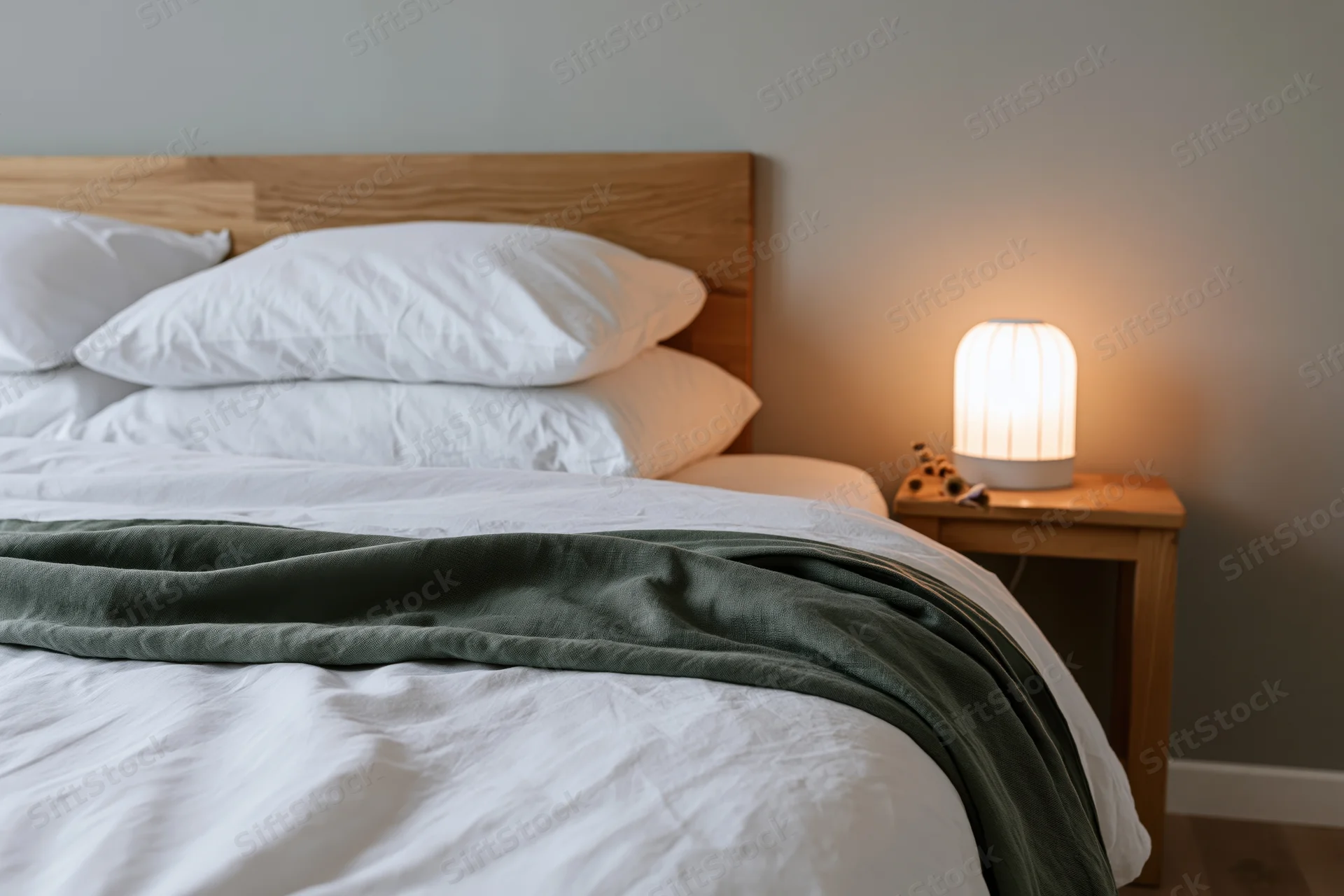 Neatly made bed with white pillows and green blanket beside a wooden nightstand with a glowing lamp in a minimalist bedroom