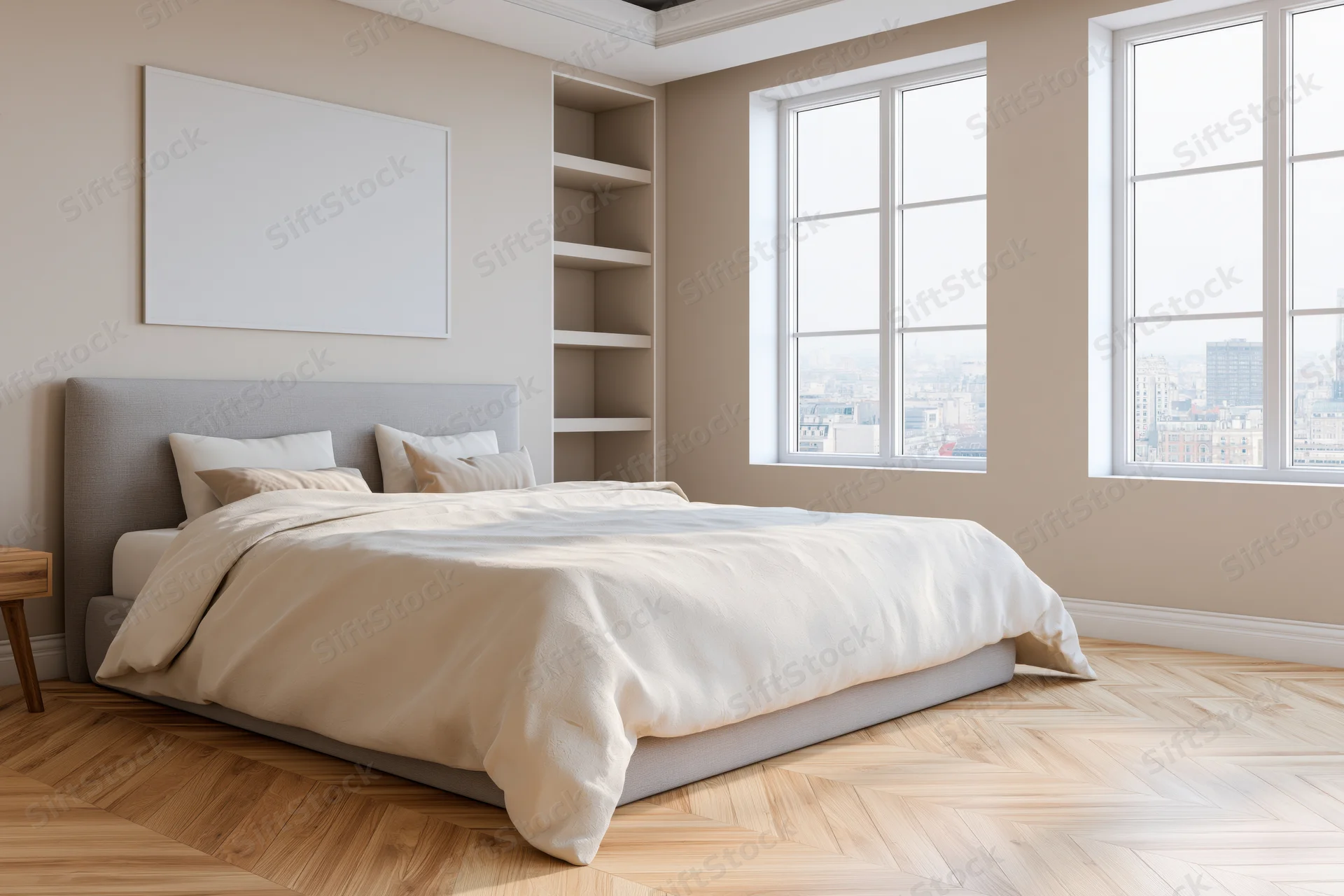 Minimalist bedroom interior with made bed and city view through large windows