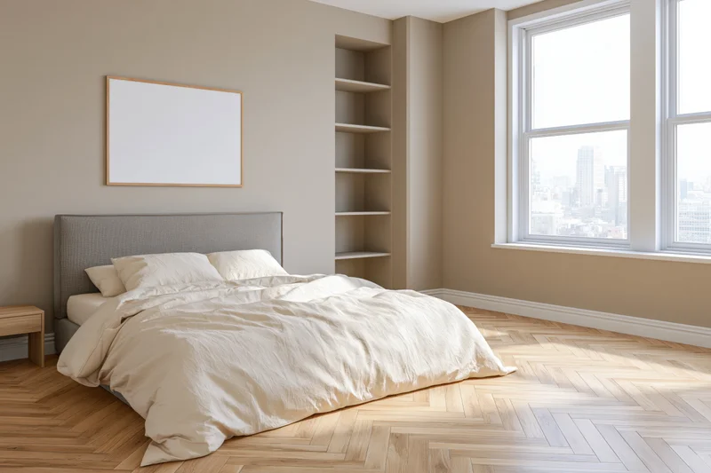 Minimalist bedroom interior with made bed and city view through large window