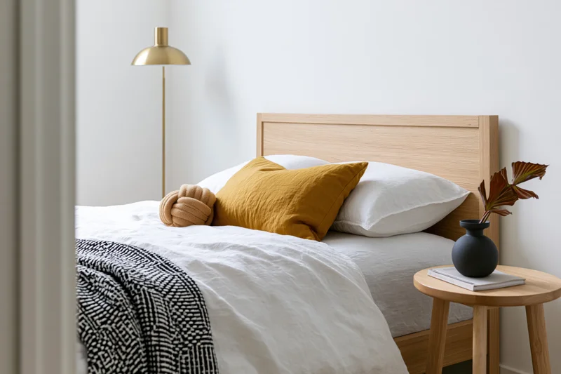 Minimalist bedroom with single bed, wooden headboard and nightstand, white bedding and yellow pillow, viewed from doorway