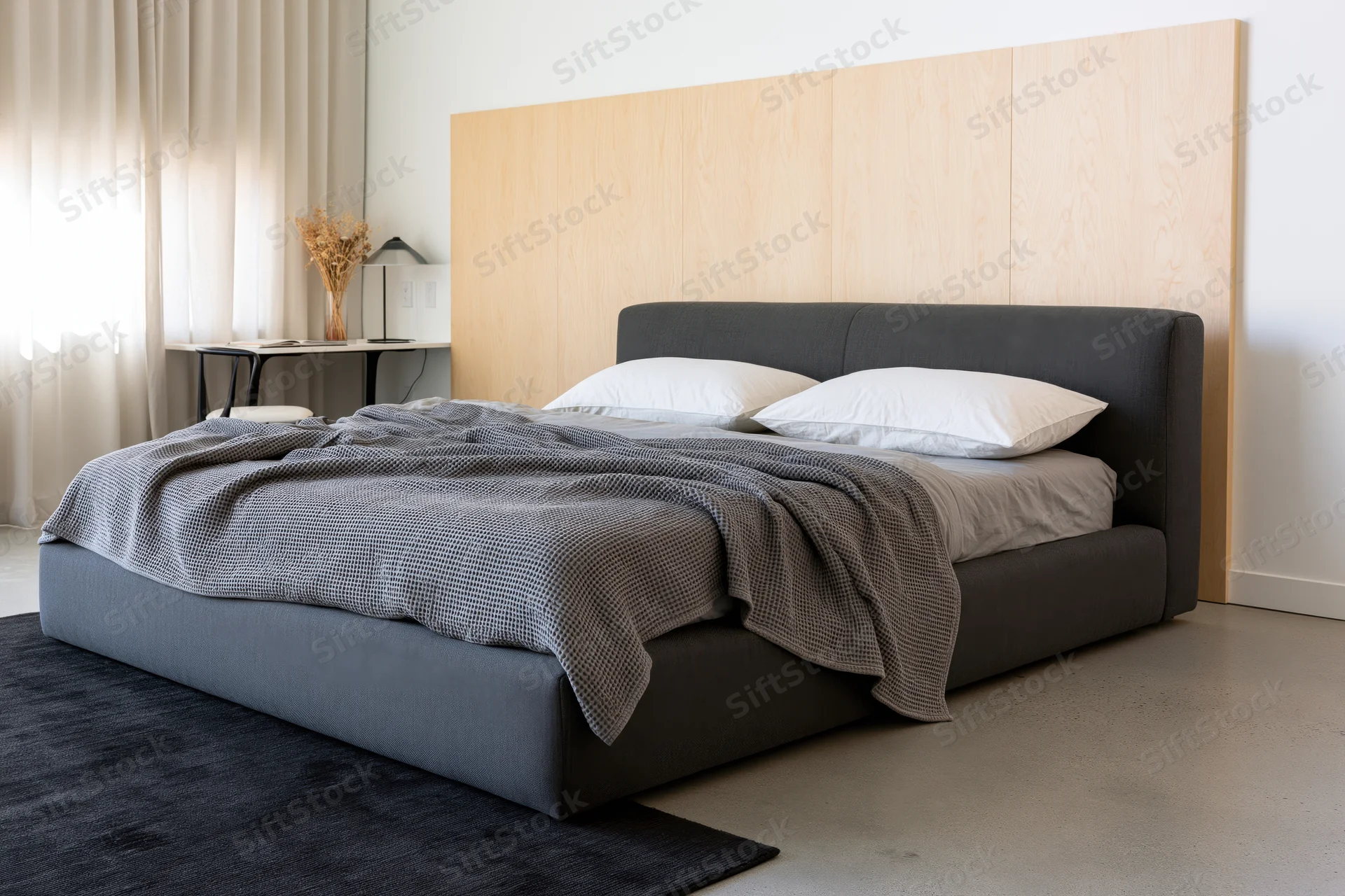 Charcoal upholstered bed with white pillows and gray blanket in minimalist bedroom with wooden headboard and nightstand