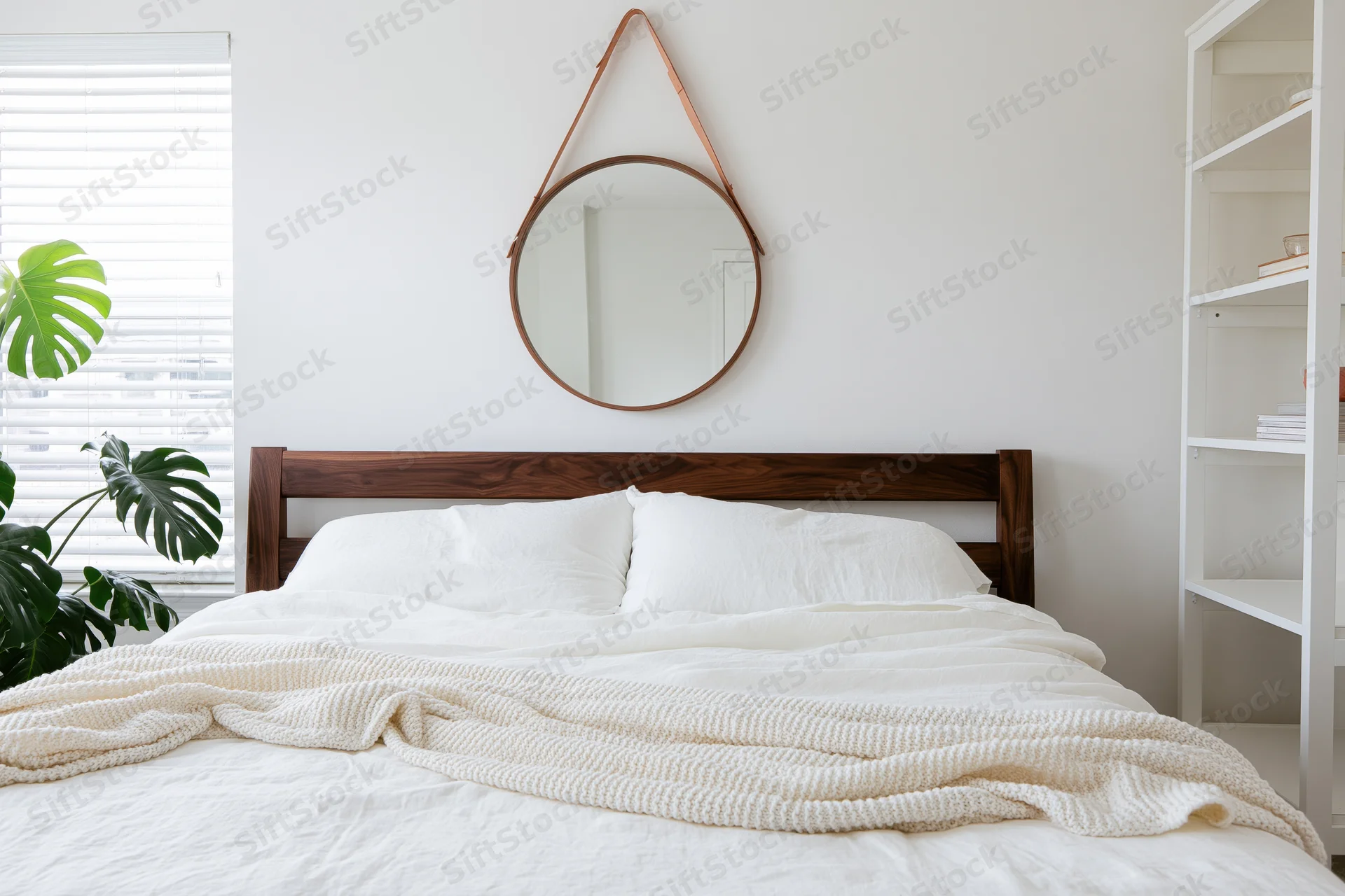 Minimalist bedroom with dark walnut bed frame, white bedding, round mirror, and monstera plant near window