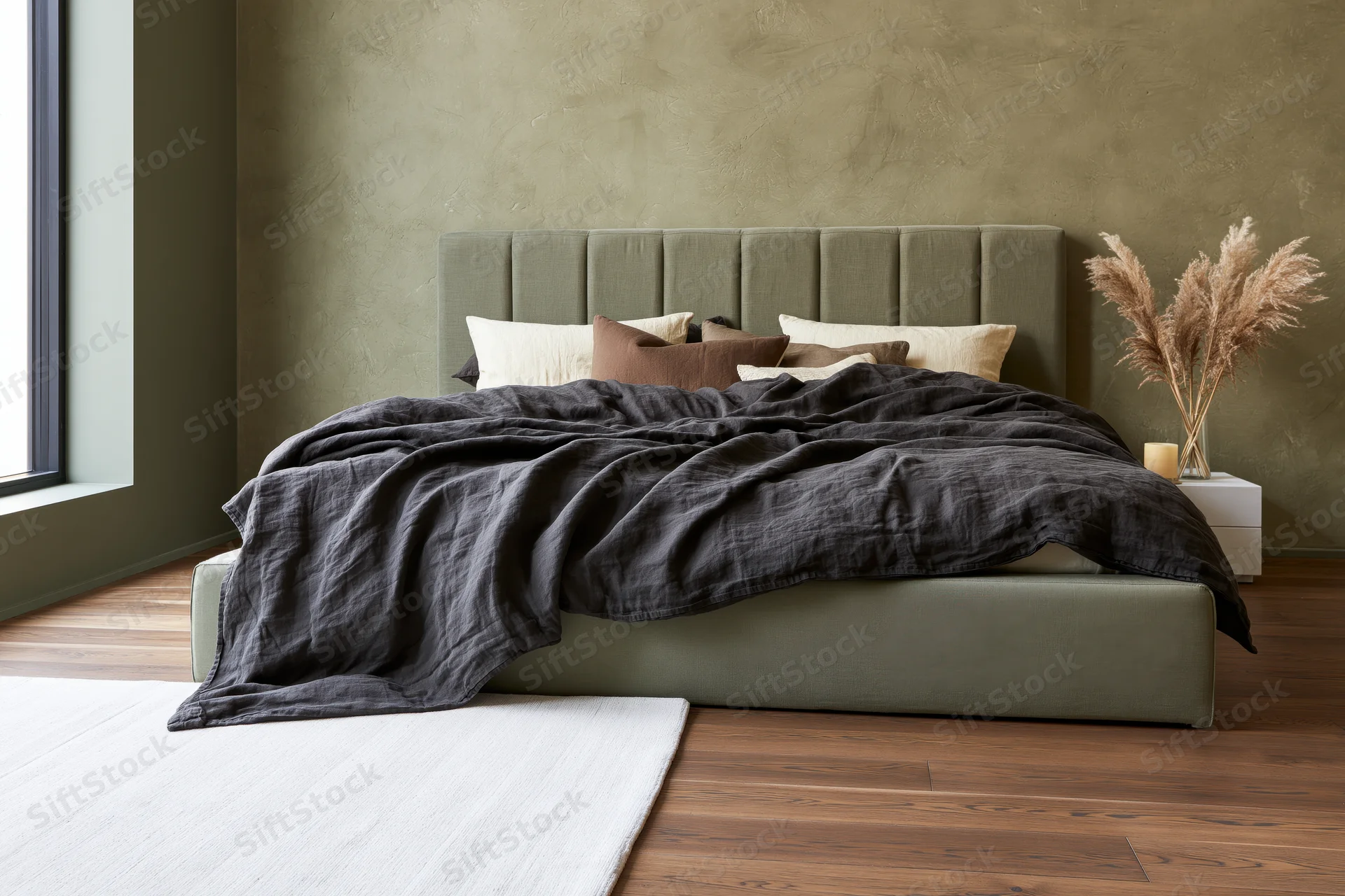 Low platform bed with tufted headboard and dark bedding in minimalist bedroom with olive walls and hardwood floor