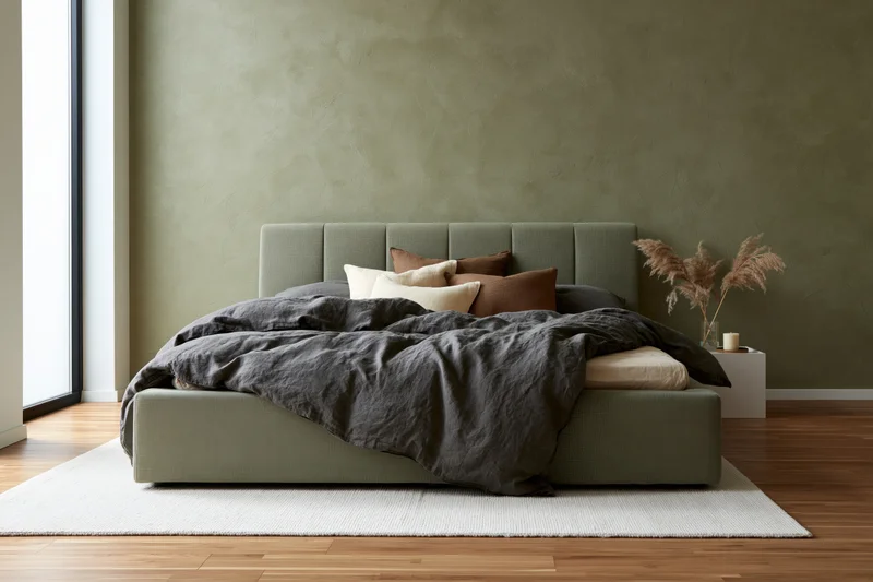 Low platform bed with dark duvet and pillows on olive green upholstery in minimalist bedroom with hardwood floor and white rug