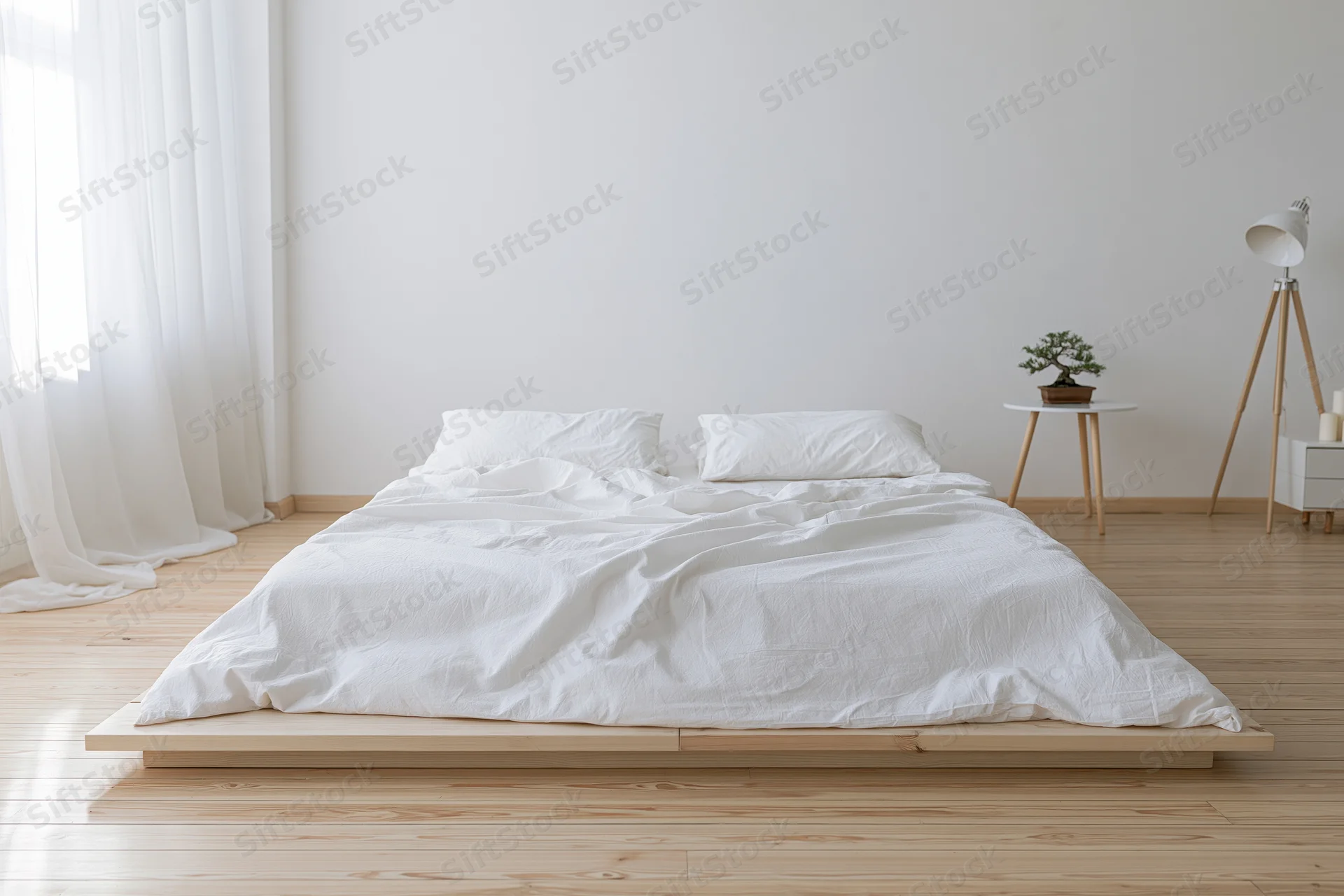 Low platform bed with white bedding in a minimalist bedroom with wooden floor and sheer curtains