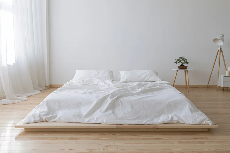 Low platform bed with white bedding in a minimalist bedroom with wooden floor and sheer curtains