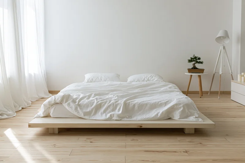 Low platform bed with white bedding in minimalist bedroom with wooden floor and natural light