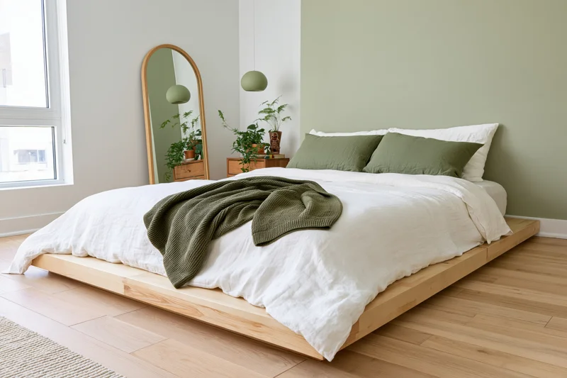 Low wooden platform bed with white bedding and green accents in a minimalist bedroom