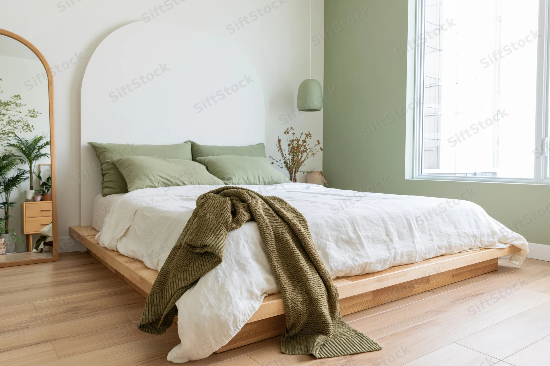 Minimalist bedroom with low wooden platform bed and white bedding near a window