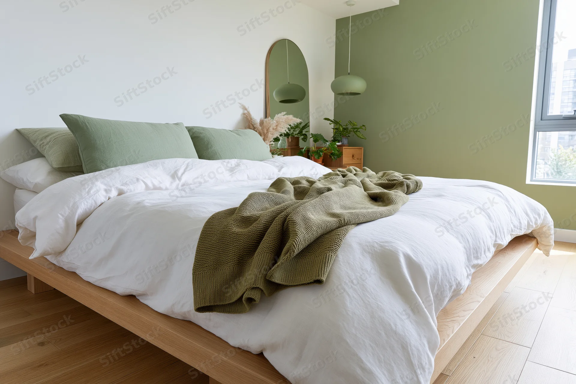 Low wooden platform bed with white bedding and green accents in a minimalist bedroom with city view through window