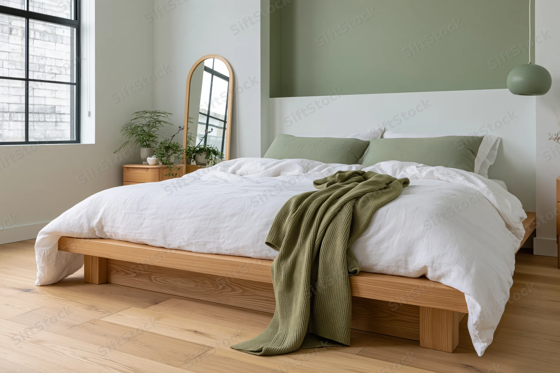 Low wooden platform bed with white bedding and green accents in a minimalist bedroom