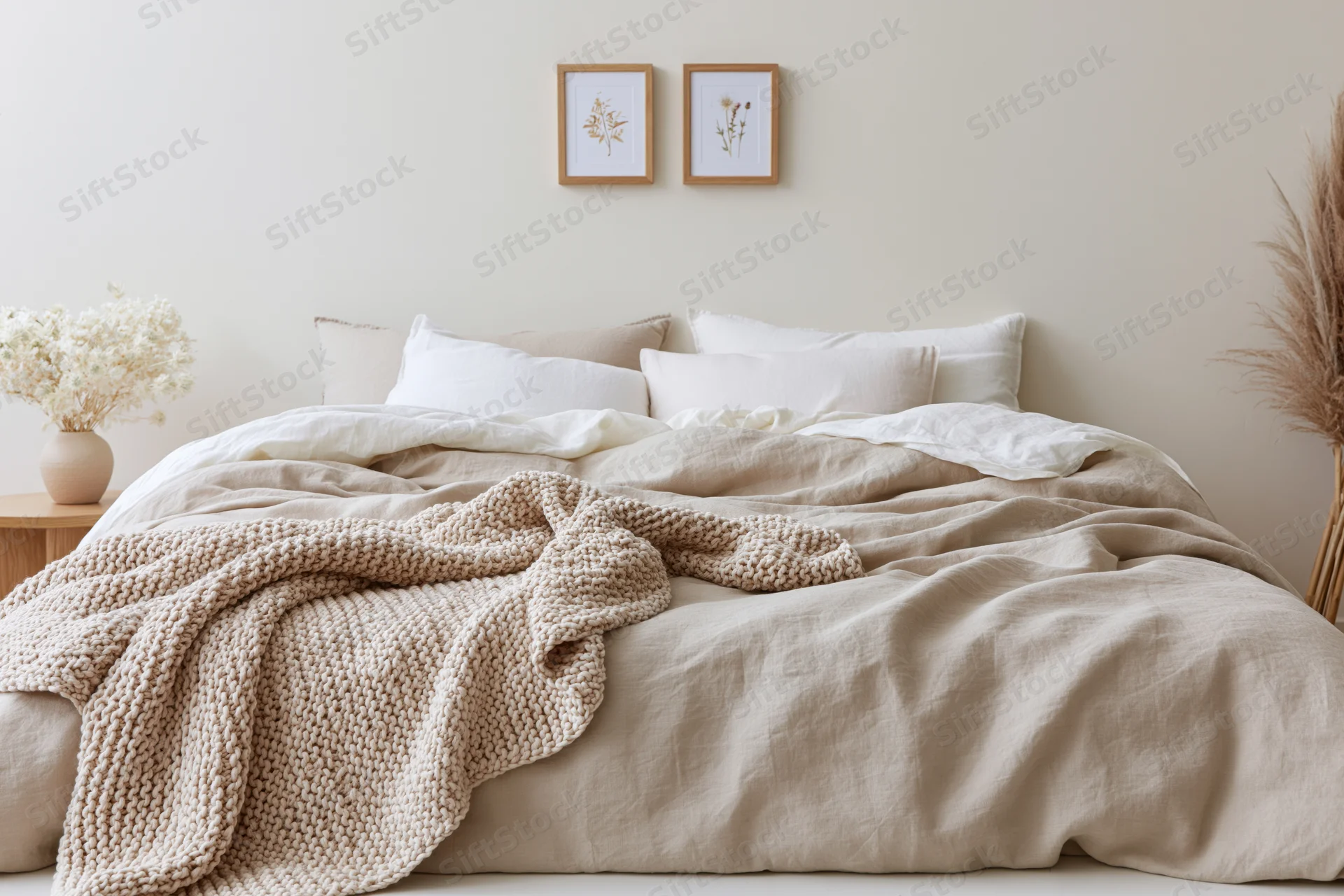 Unmade bed with taupe linen bedding and knit throw in minimalist bedroom