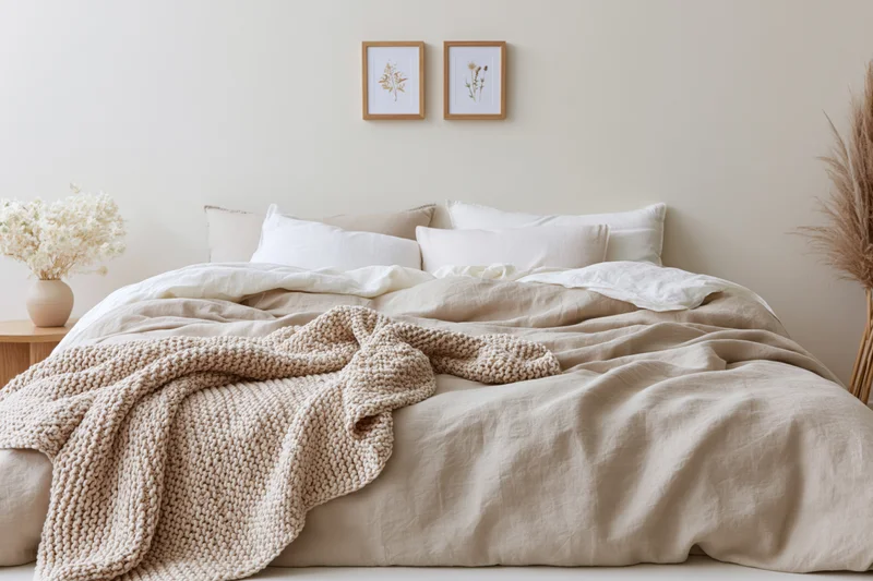 Unmade bed with taupe linen bedding and knit throw in minimalist bedroom