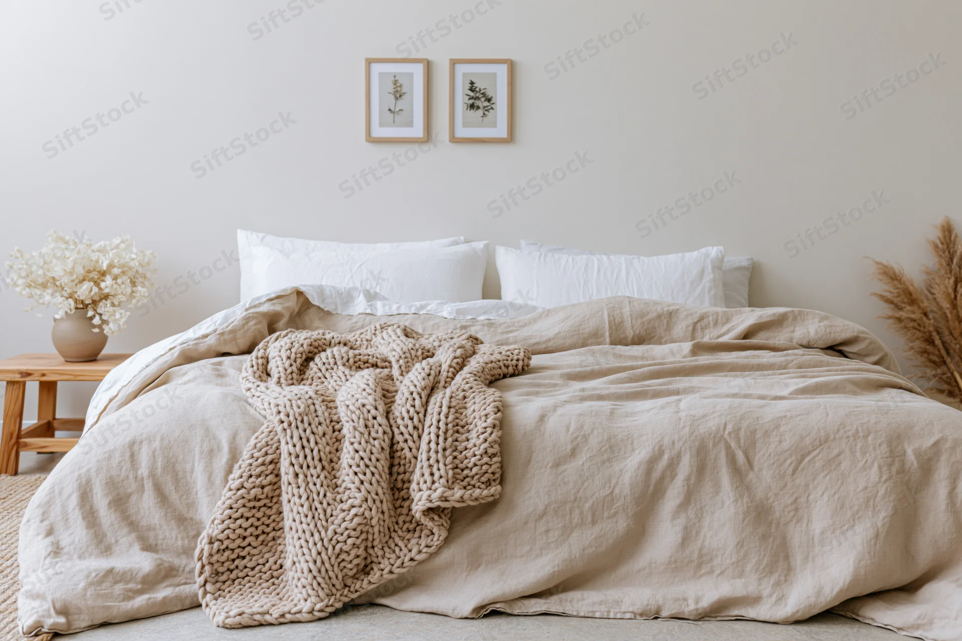 Unmade bed with taupe linen and knit throw in minimalist bedroom