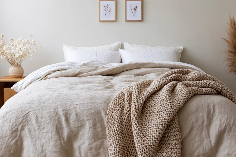 Queen bed with taupe linen bedding and knit throw in minimalist bedroom