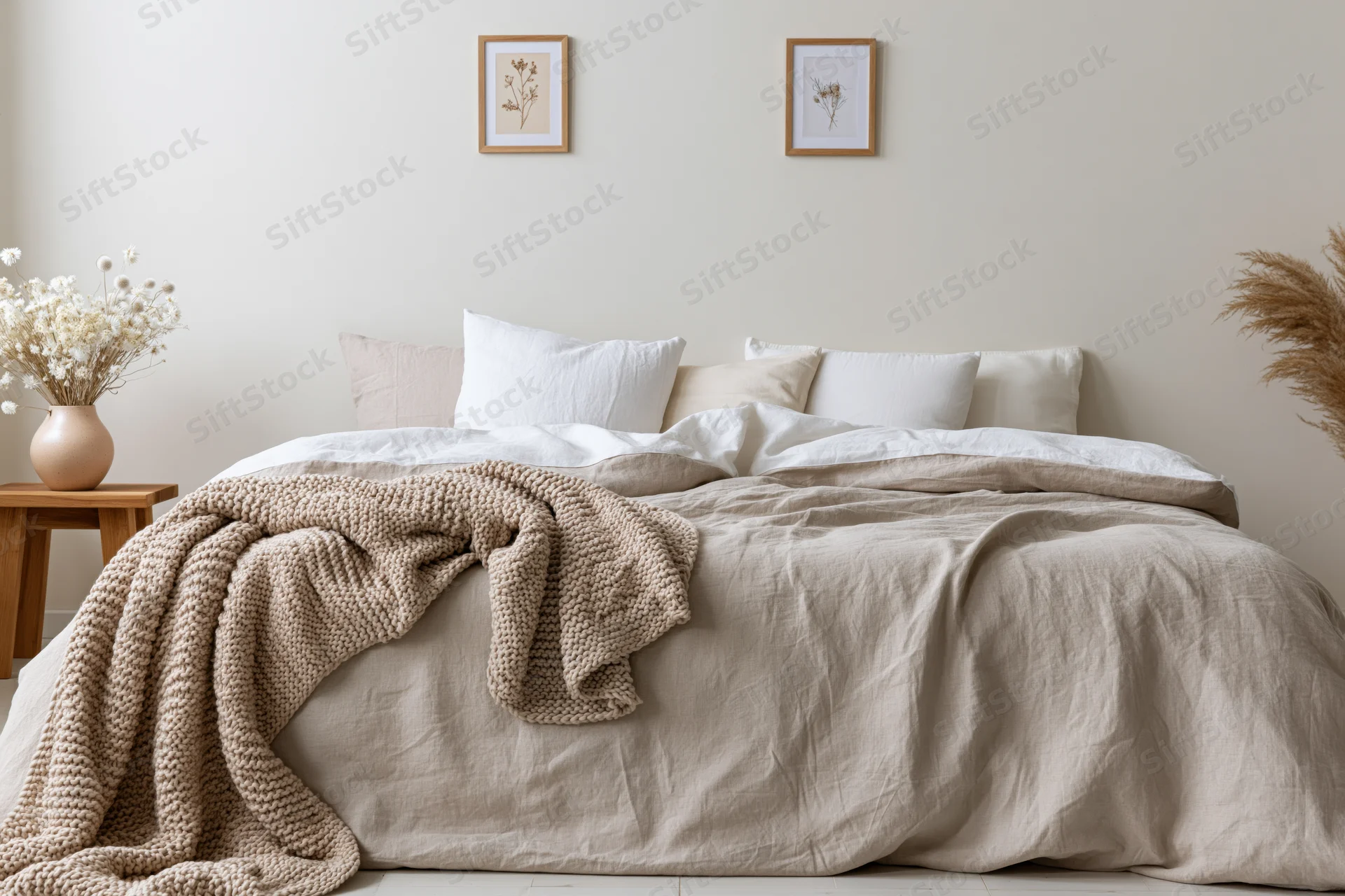 Queen bed with taupe linen bedding and knit throw in minimalist bedroom