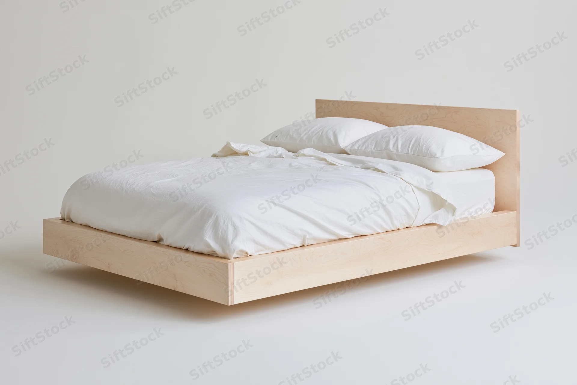Minimalist platform bed with pale birch wood frame and white bedding on plain background