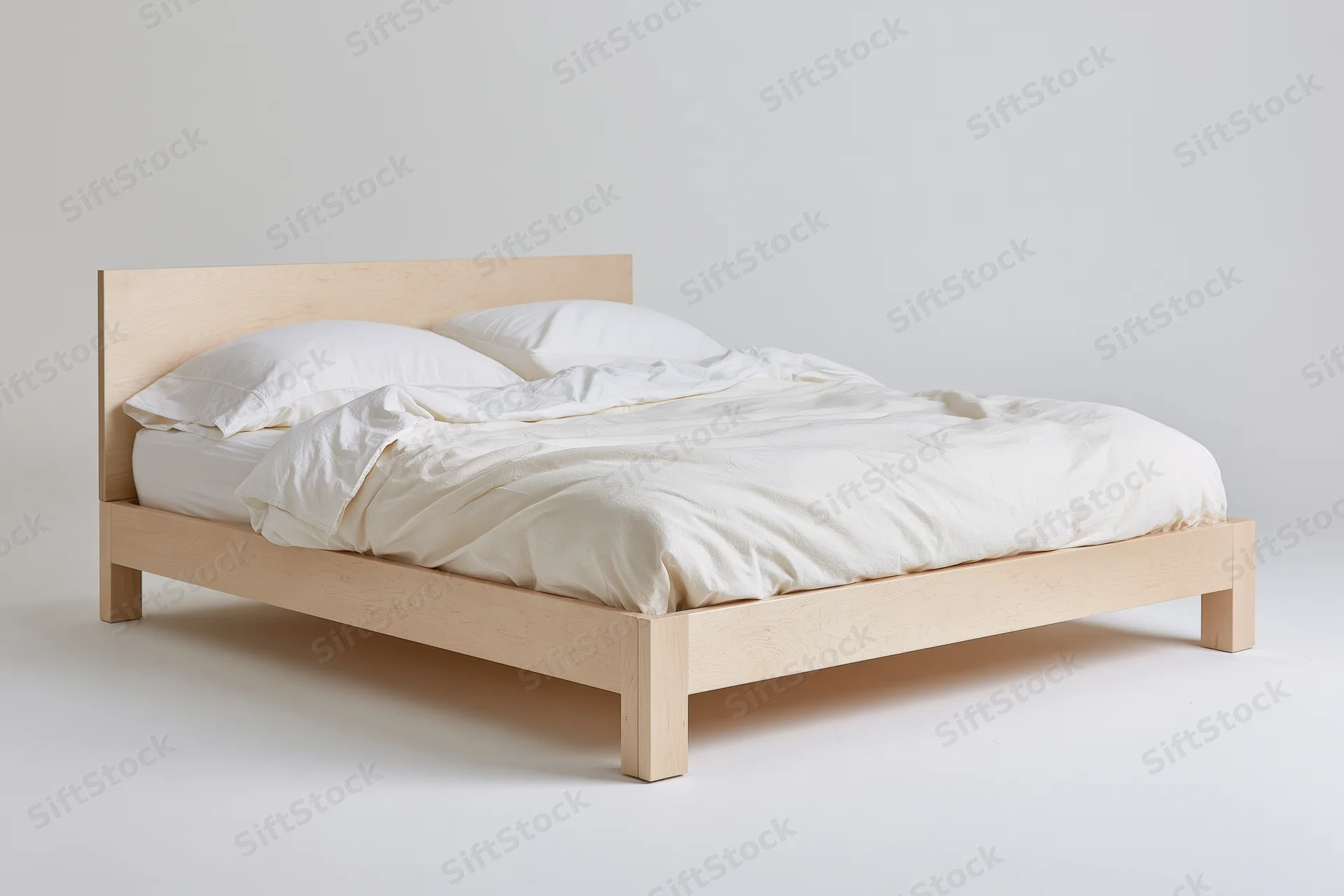 Minimalist platform bed with pale birch wood frame and white bedding on plain white background