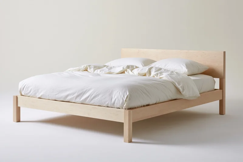 Minimalist platform bed with pale birch wood frame and headboard