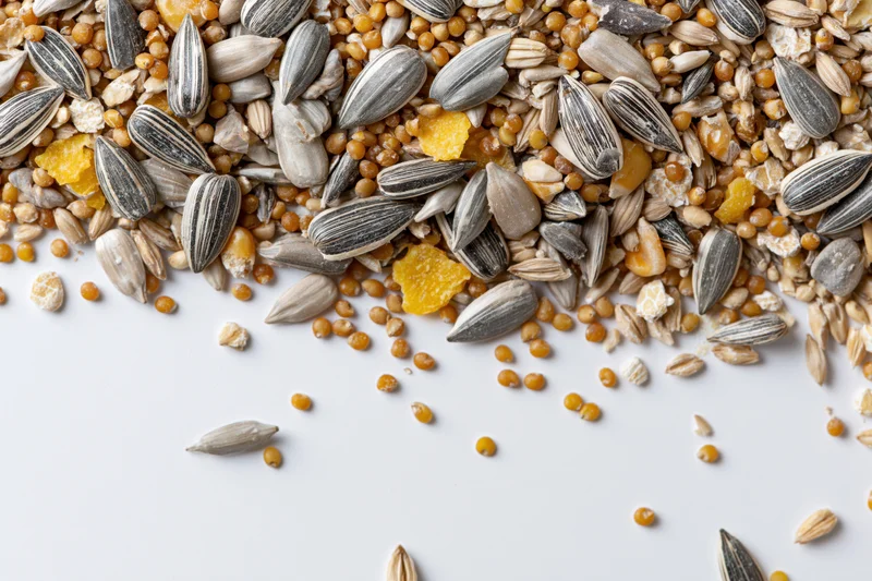 Mixed birdseed blend scattered across white surface with copyspace below