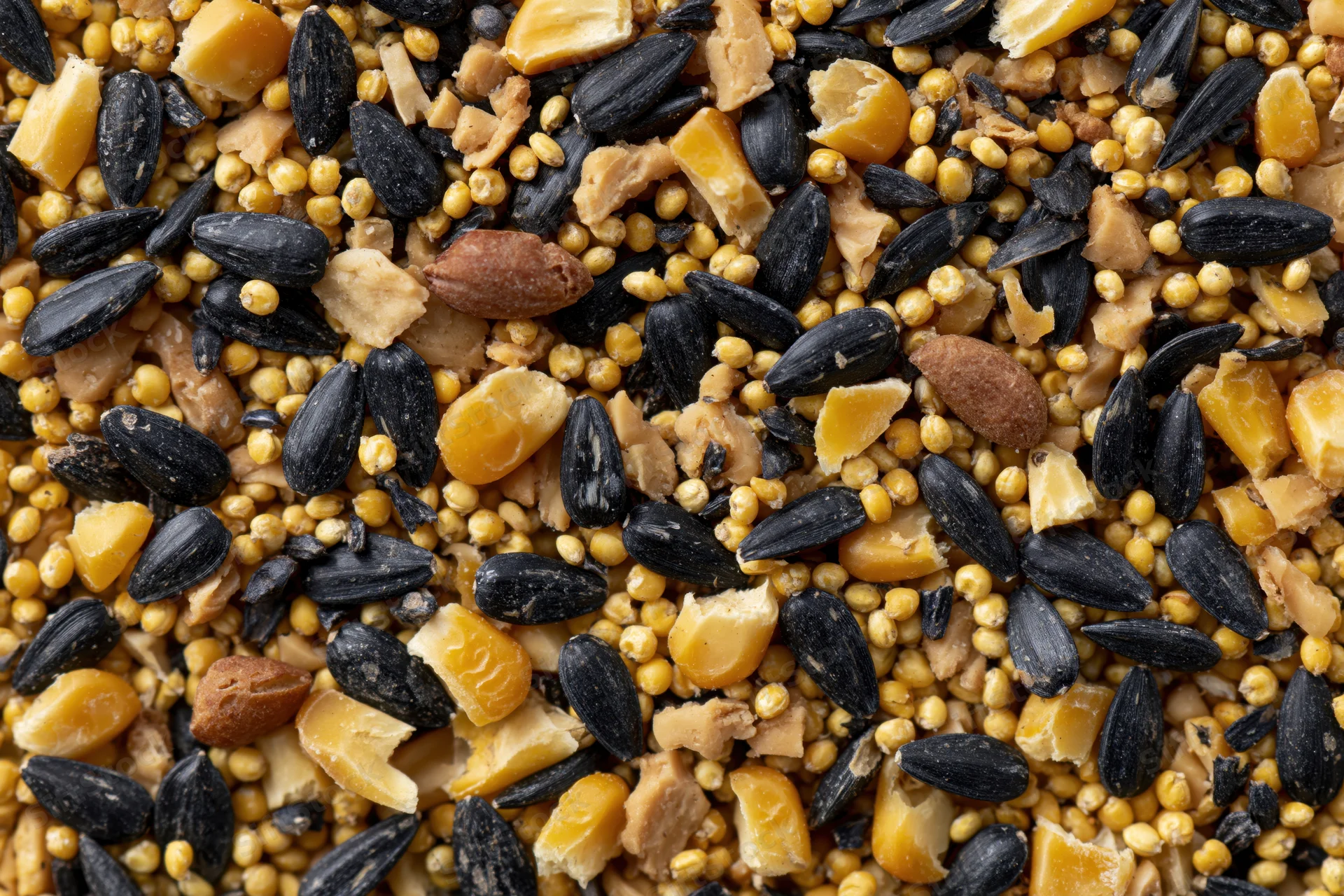 Mixed birdseed spread flat filling the frame overhead