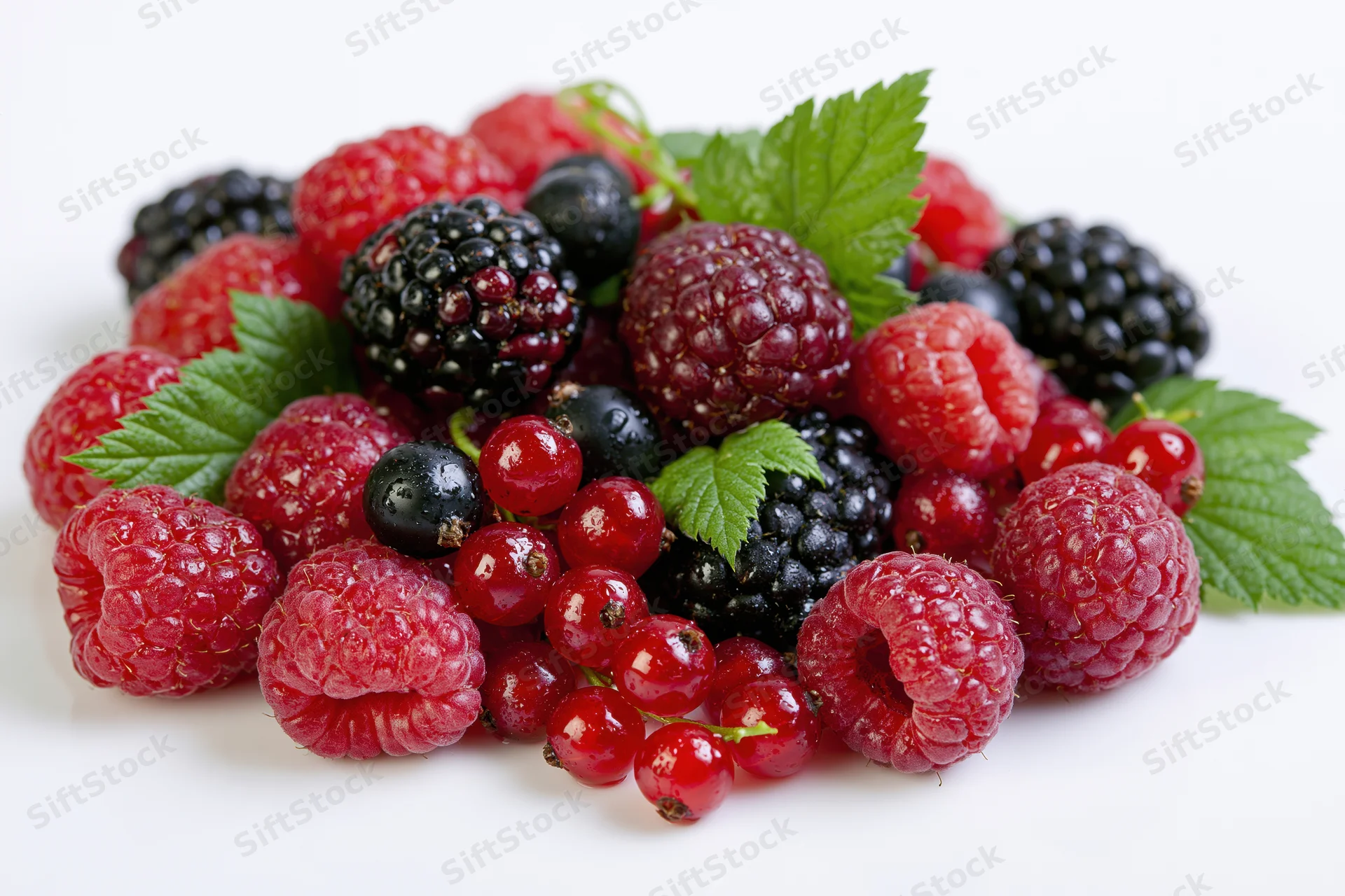 Mixed fresh berries piled together with green leaves on white background