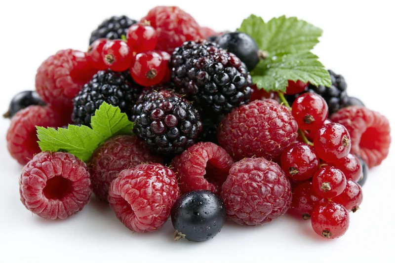 A pile of fresh raspberries, blackberries, redcurrants and blueberries with green leaves on a white background