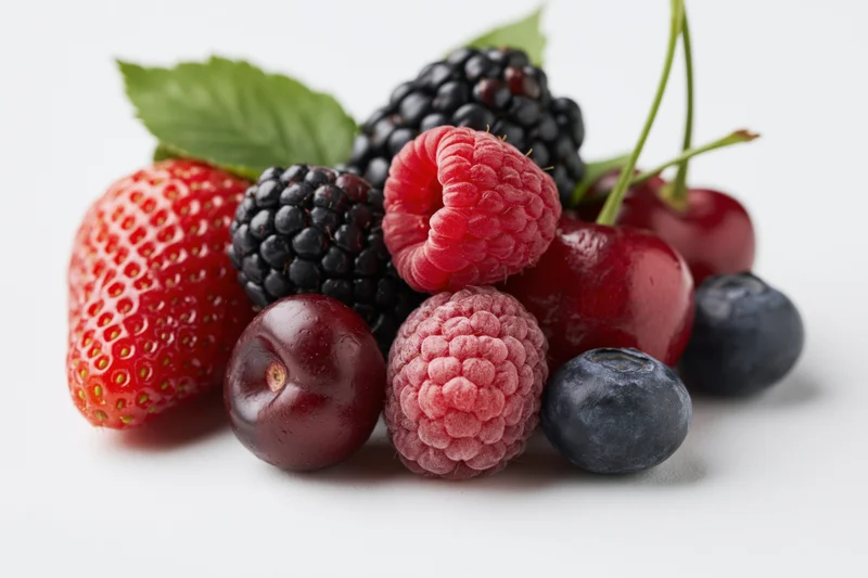 Mixed fresh berries arranged in a cluster on a white background