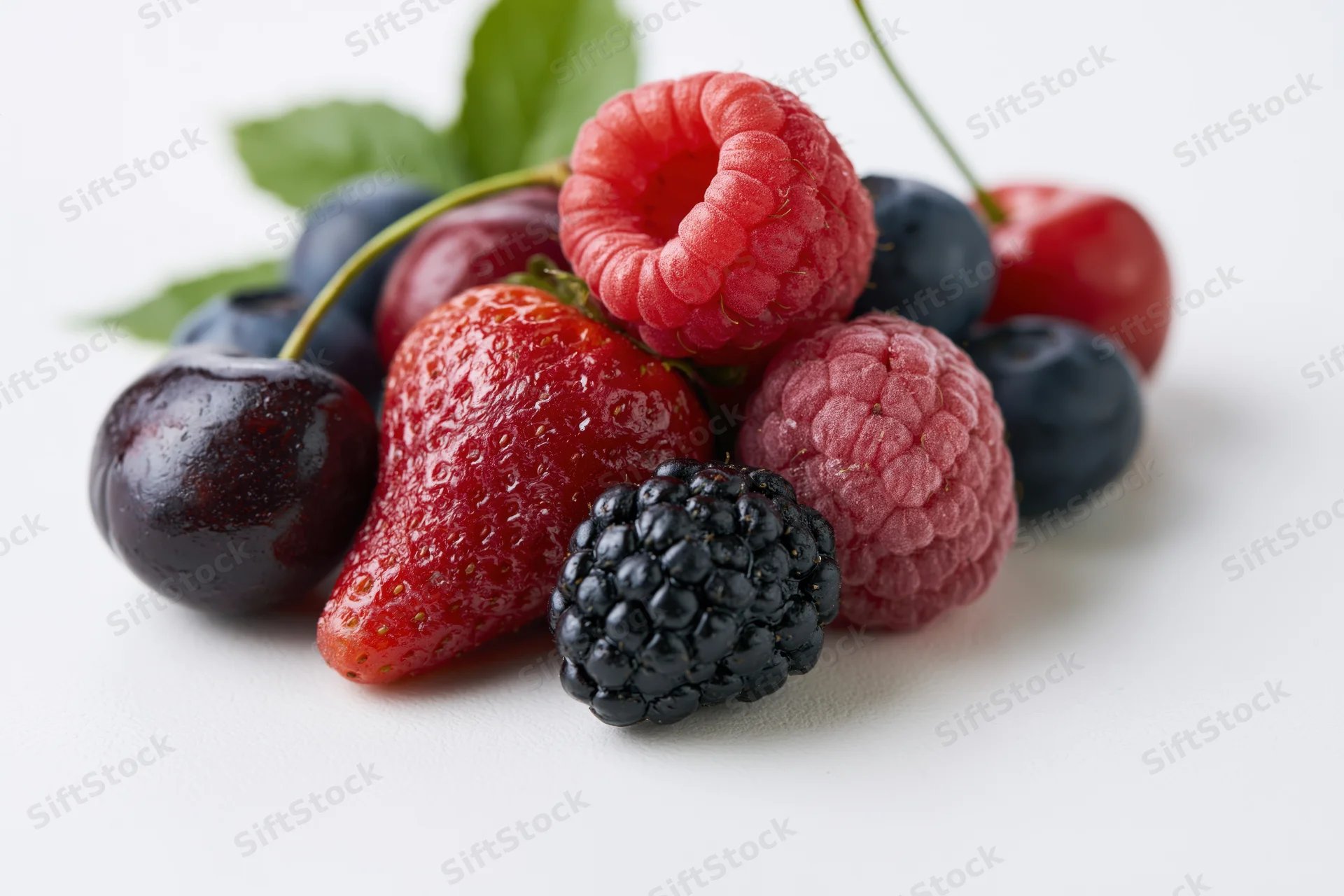 Mixed fresh berries arranged in a small cluster on a plain white surface