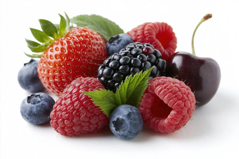 Mixed fresh berries arranged in a cluster on white background