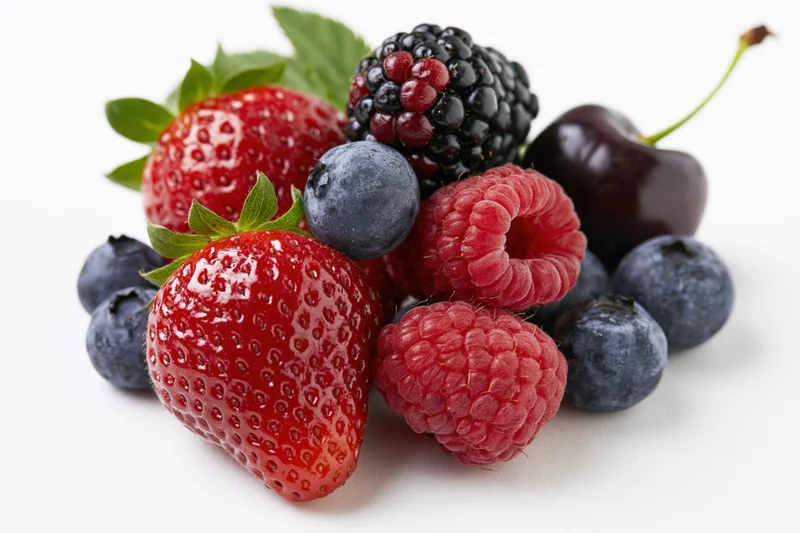 A cluster of fresh strawberries, blueberries, raspberries, blackberries and a cherry on a white surface